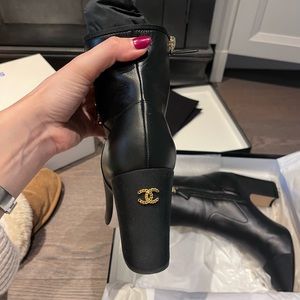 Chanel Black Leather & Grosgain Booties with gold chain CC